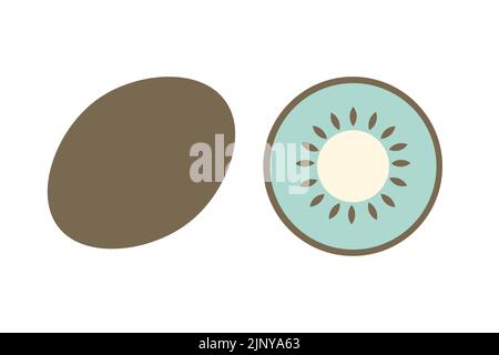 A whole kiwi and a slice of kiwi on an isolated white background. Flat vector illustration. Stock Vector