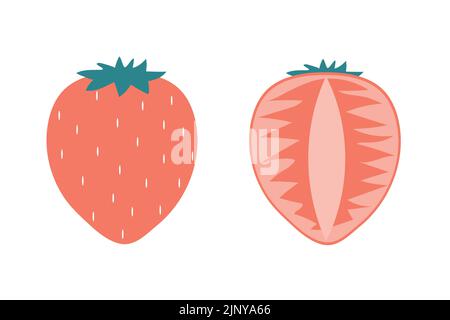 A whole strawberry and a piece of strawberry on an isolated white background. Flat vector illustration. Stock Vector
