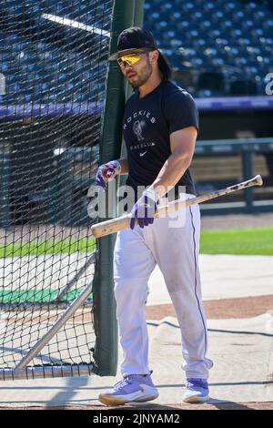 August 4 2021: Colorado Rockies outfielder Connor Joe (9) during batting  practice before the game with Colorado Rockies held at Coors Field in  Denver Co. David Seelig/Cal Sport Medi(Credit Image: © David