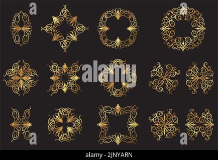 A set of vintage vector gold gothic floral decorative icons. Stock Vector
