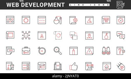 Web development technology thin red and black line icons set vector illustration. Abstract data research and management, creative digital design of application and interface usability planning Stock Vector