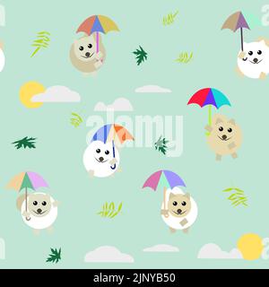 a pattern without a background of pomeranian puppies flying on colorful umbrellas Stock Vector