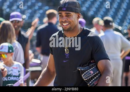 August 12 2022: Colorado center fielder Wynton Bernard (36) makes a play in  his first game of his career at age 31 during the game with Saint Louis  Cardinals and Colorado Rockies