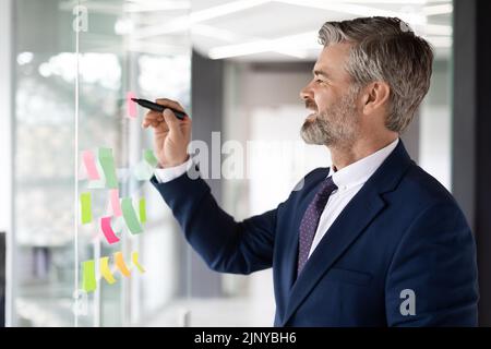 Mature Male Entrepreneur Writing On Sticky Notes On Glass Wall At Office Stock Photo