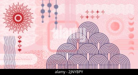 Abstract geometric composition background. Flat abstraction poster with mystery trendy style sun, geometry waves and textures. Swanky modern boho Stock Vector