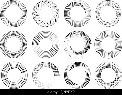 Speed lines circle frames. Round swirl and curves movement spiral symbols. Modern dots halftone abstract elements, radial racy vector logo design Stock Vector
