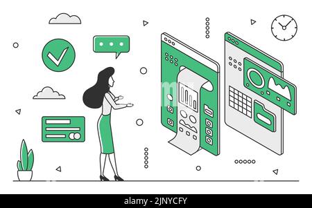 Big data storage and sources. Database information management and reporting system monocolor vector illustration Stock Vector