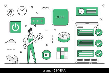Code debugging process. Quality assurance engineer, software testing system monocolor vector illustration Stock Vector