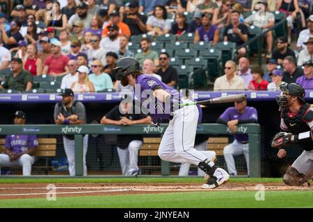 August 13 2022: Colorado second baseman Brendan Rodgers (7) gets a hit during the game with Arizona Diamondbacks and Colorado Rockies held at Coors Field in Denver Co. David Seelig/Cal Sport Medi Stock Photo