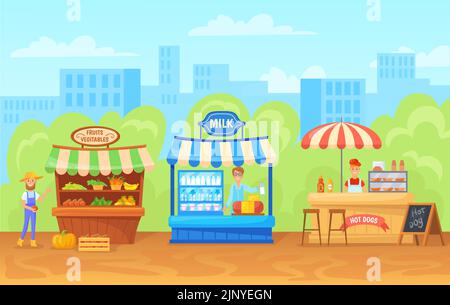 Outdoor farm market. Street marketplace cartoon traditional farmer shop, tent bazaar fresh fruit vegetable stalls urban place village food sale background, vector illustration of market shop street Stock Vector