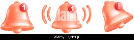 3d message bell. Morning notification free conversation icon, sign exclamation get sound alert call sms mailbox reminder social media information, isolated tidy vector illustration of bell 3d Stock Vector