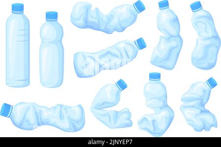Crumpled bottles. Unhygienic plastic crush bottle water, used broken bottled trash garbage refuse plastics discarded sea waste environment contamination, neat vector illustration of bottle recycle Stock Vector