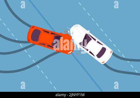 Car accident top view. Two crash cars above, road traffic collision angle intersection speed street driving auto insurance damage body vehicle, cartoon splendid vector illustration Stock Vector