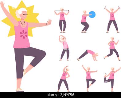 Seniors woman exercise. Aged lady fitness exercises wellness, elderly person active care health action sport elder athlete gym beautiful grandmother, vector illustration of exercise fitness for senior Stock Vector