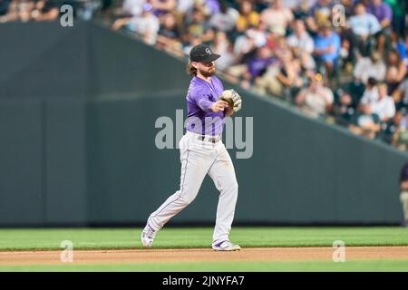 August 13 2022: Colorado second baseman Brendan Rodgers (7) makes a play during the game with Arizona Diamondbacks and Colorado Rockies held at Coors Field in Denver Co. David Seelig/Cal Sport Medi Stock Photo