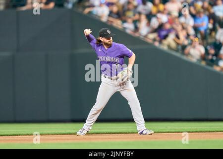 August 13 2022: Colorado second baseman Brendan Rodgers (7) makes a play during the game with Arizona Diamondbacks and Colorado Rockies held at Coors Field in Denver Co. David Seelig/Cal Sport Medi Stock Photo