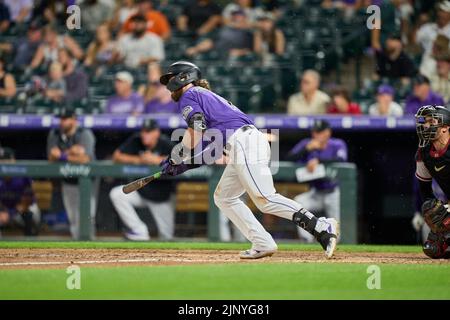 August 13 2022: Colorado second baseman Brendan Rodgers (7) gets a hit during the game with Arizona Diamondbacks and Colorado Rockies held at Coors Field in Denver Co. David Seelig/Cal Sport Medi Stock Photo