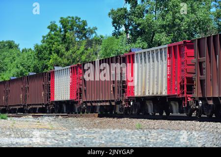 Bartlett, Illinois, USA. A Canadian National Railway unit freight train made up of empty hopper cars passing through northeastern Illinois. Stock Photo