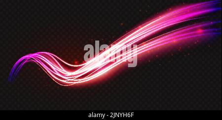 Luminous neon shape wave, abstract light effect vector illustration. Wavy glowing pink purple bright flowing curve lines, magic glow energy motion particle isolated transparent black background. Stock Vector