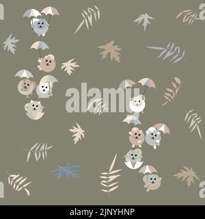 a pattern without a background of pomeranian puppies flying on colorful umbrellas Stock Vector