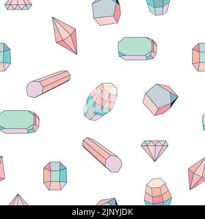 Seamless pattern with diamonds, gem stones,jewellery. Endless texture, white, blue and pink color. Stock Vector