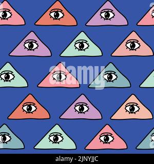 Seamless colorful  pastel texture with all seeing eye pyramid symbol. Triangle with eye. Pattern. Original modern background for your design. Stock Vector