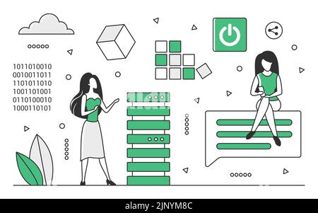 Data exchange process. Sending and receiving information content, info source vector monocolor illustration Stock Vector