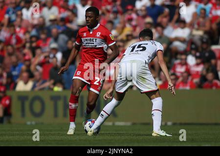 Middlesbrough, UK. 14th August 2022. Middlesbrough's Chuba Akpom takes on Sheffield United's Anel Ahmedhodžić during the Sky Bet Championship match between Middlesbrough and Sheffield United at the Riverside Stadium, Middlesbrough on Sunday 14th August 2022. (Credit: Michael Driver | MI News) Credit: MI News & Sport /Alamy Live News Stock Photo