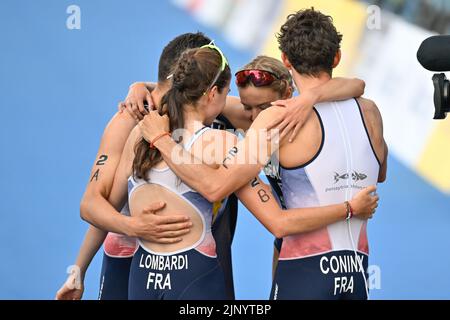 Munich, Germany. 14th Aug, 2022. French team celebrate after winning the Mixed Relay Triathlon European Championships Munich 2022, in Munich, Germany, on Sunday 14 August 2022. The second edition of the European Championships takes place from 11 to 22 August and features nine sports. BELGA PHOTO ERIC LALMAND Credit: Belga News Agency/Alamy Live News Stock Photo