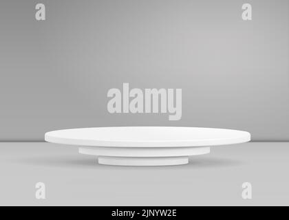 Round white podium. Pedestal or platform background for cosmetic product presentation. Blank product stand background showcase in pastel pink color. Realistic 3d vector mock up Stock Vector