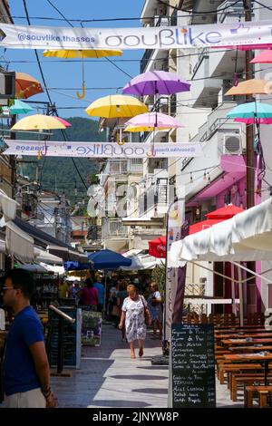 Shopping street, Thassos island, Macedonia, North-Eastern Greece Stock Photo