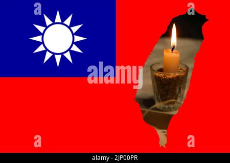 Defocus Taiwan flag, official colors and proportion correctly. National Taiwan flag. Taiwan map. Democracy. War and flame. Memory concept. War between Stock Photo