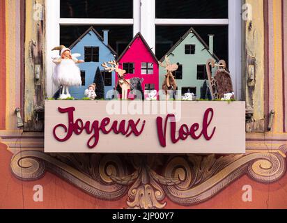 Colmar, France - December 13, 2021: Joyeux Noel - Merry Christmas - Christmas joy in french Colmar Stock Photo