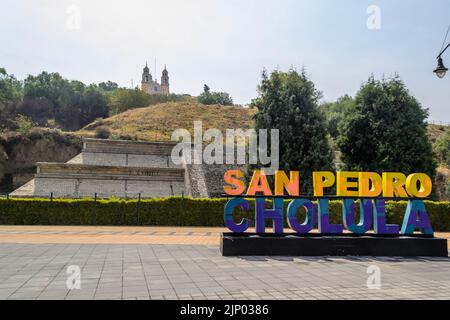 Colorful Sign for Puebla in front of the Giant Pyramid of Cholula Stock ...