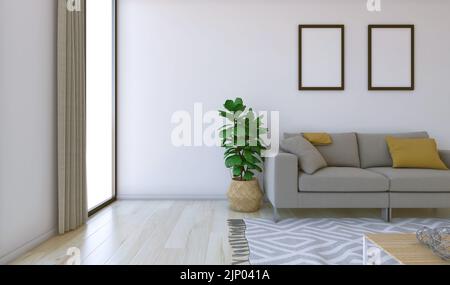 Close-up of a living room interior. In it we can see an armchair and a coffee table, next to the armchair a green plant and in front of it a carpet. Stock Photo
