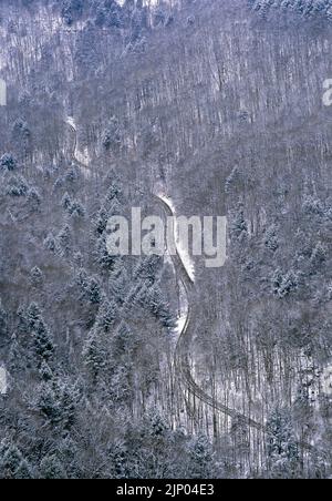 Loyalsock Creek Valley in winter from High Rock vista at Worlds End State Park, Pennsylvania. Stock Photo