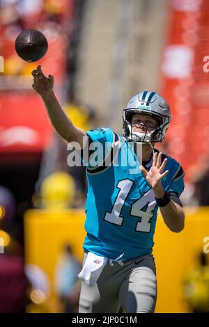 August 13, 2022 : Carolina Panthers quarterback Sam Darnold (14) throws a pass before the preseason game between the Carolina Panthers and Washington Commanders played at Fed Ex Field in Landover, MD. Photographer: Cory Royster Stock Photo