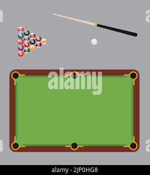 billiard table in a top view with a full set of sticks and balls Stock Vector
