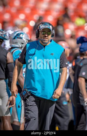 Carolina Panthers' head coach Matt Rhule watches warm ups during an NFL ...