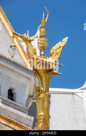 the closeup image of Thai mythical Bird Hong Lantern. The bokeh background is Wat Sothonwararam is a temple in Chachoengsao Province, Thailand. Stock Photo