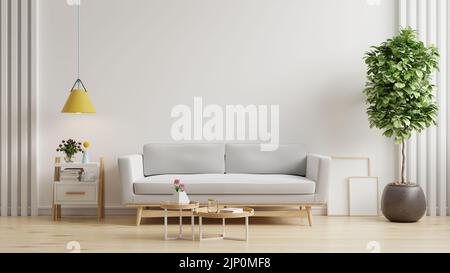 Scandinavian living room with gray sofa on empty white wall background.3D rendering Stock Photo