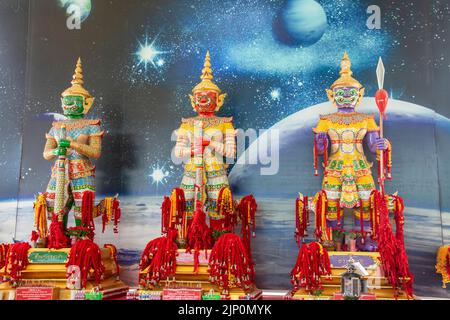 Chachoengsao Thailand 9th Jun 2022: the statue of demon guard in Wat Saman Rattanaram, which is famous for gigantic image of bright pink Ganesha. Stock Photo