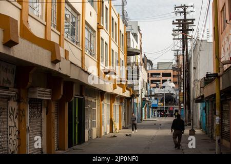 Tijuana, Baja California, Mexico - September 11, 2021: View of empty streets and closed stores in downtown Tijuana. Stock Photo