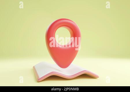 3D location point marker of map or navigation pin icon sign on isolated light yellow background. navigation is red pastel colour with shadow on map di Stock Photo