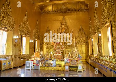 Chachoengsao Thailand 9th Jun 2022: the interior view of Wat Pak Nam Jolo. The only and wholly golden chapel in Thailand. Stock Photo