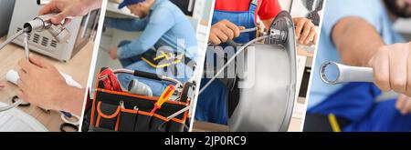 Collage with professional plumber and tools, closeup Stock Photo