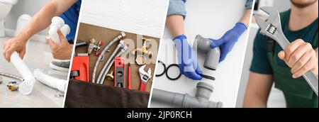 Collage with professional plumber and tools Stock Photo