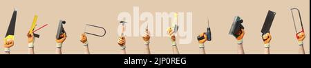 Many hands with different carpenter's tools on beige background Stock Photo