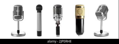 Set of different microphones isolated on white Stock Photo