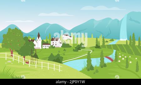 Countryside summer calm landscape with fields, houses, river and mountains vector illustration. Cartoon European small village and green hills at day time, rural suburb panorama scenery background Stock Vector